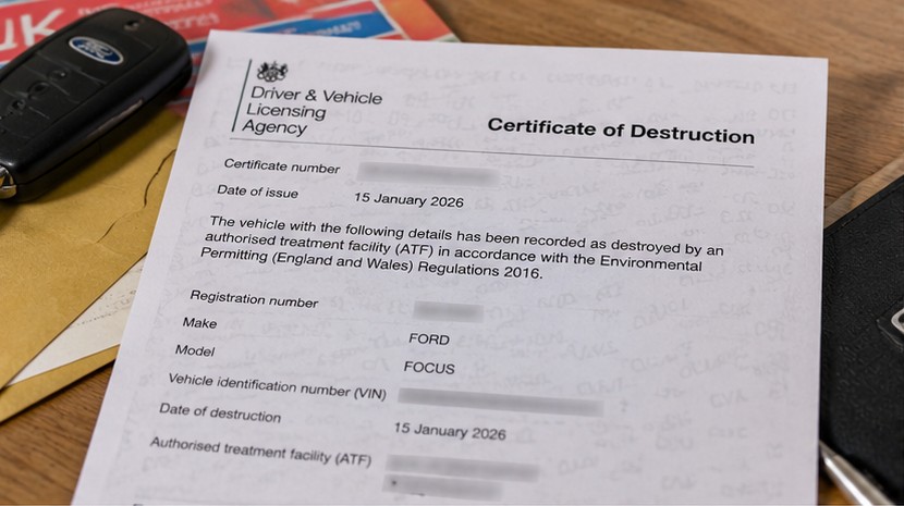 An official DVLA Certificate of Destruction with the destroyed vehicle's details recorded
