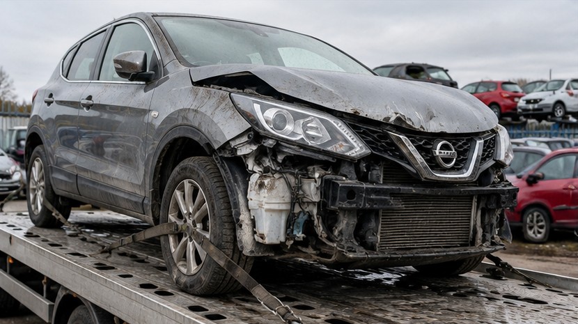 A damaged car strapped to a recovery truck at a scrapyard