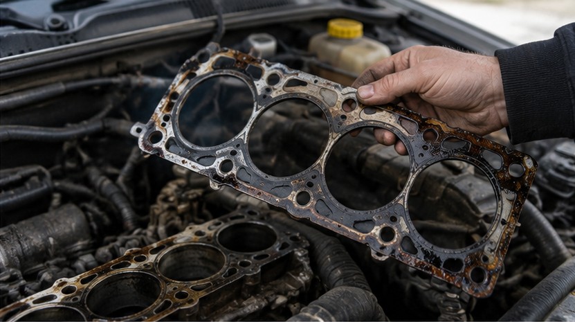 A used cylinder head gasket held above an open engine block during a repair