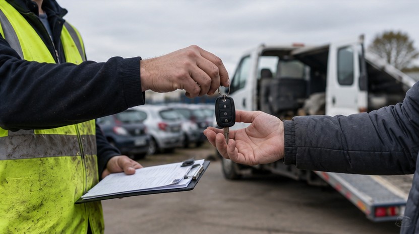 A scrap car buyer in a high-vis vest taking the car keys from a customer